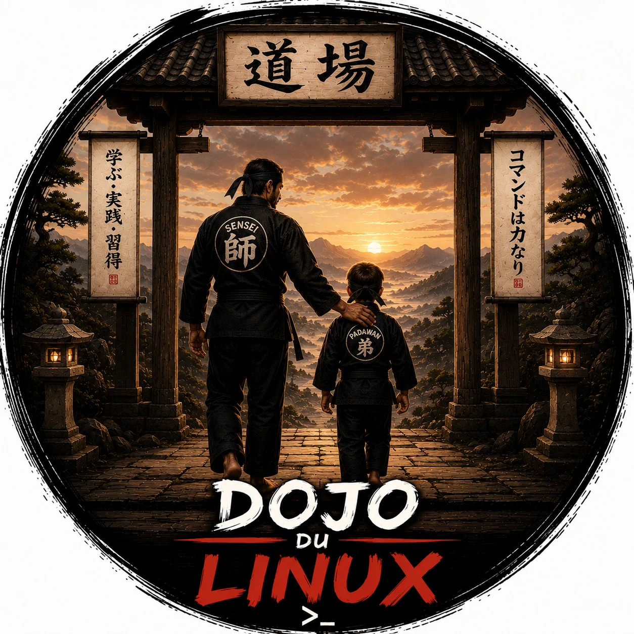 Le Dojo du Linux — un sensei et son padawan franchissant le torii au coucher du soleil